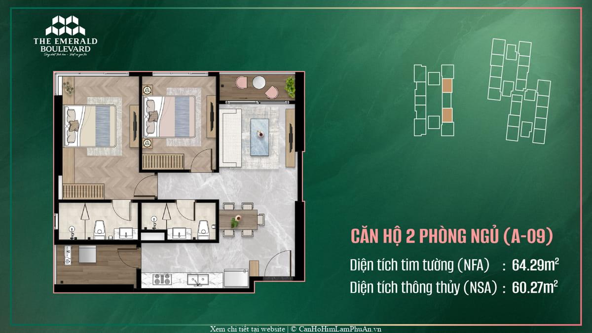 Bản thiết kế căn hộ 2 phòng ngủ A-09 The Emerald Boulevard