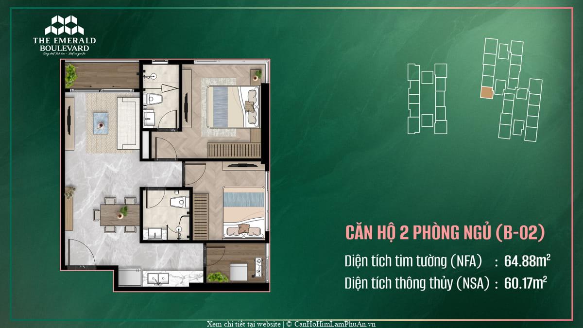 Bản thiết kế căn hộ 2 phòng ngủ B-02 The Emerald Boulevard
