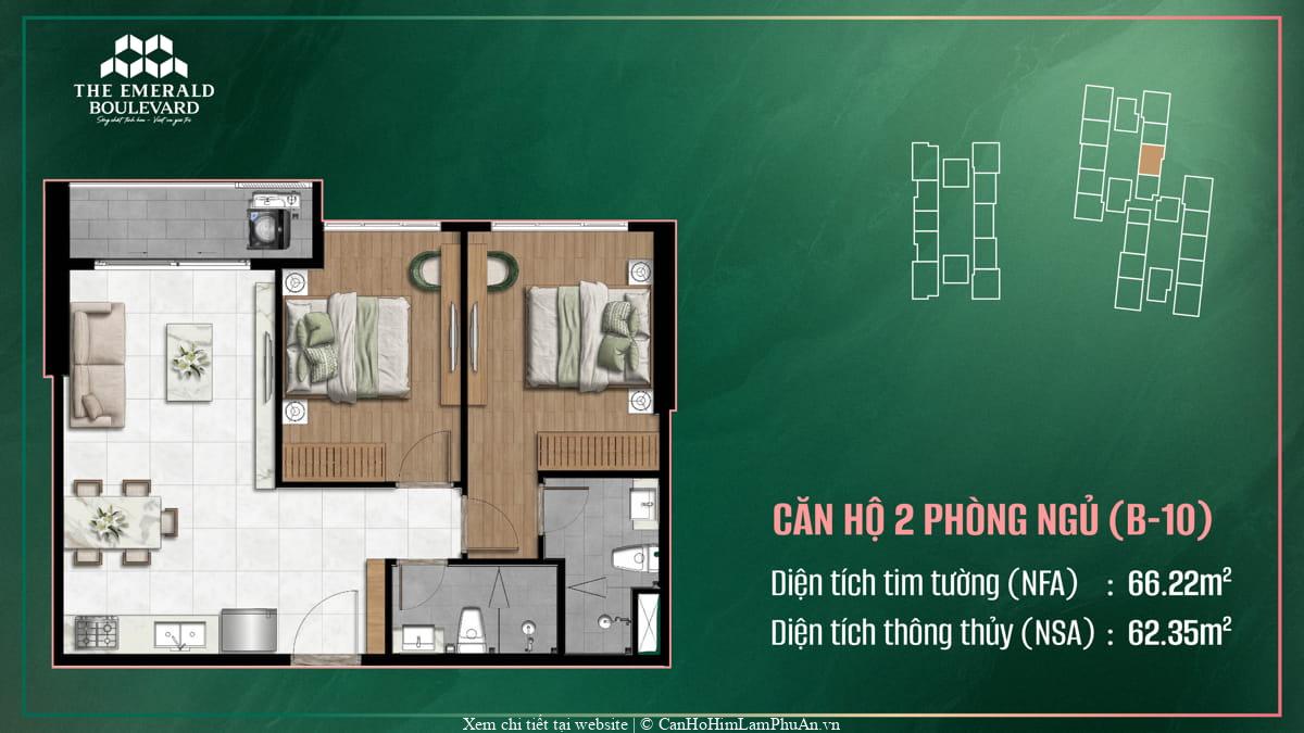 Bản thiết kế căn hộ 2 phòng ngủ căn B-10 thuộc dự án The Emerald Boulevard