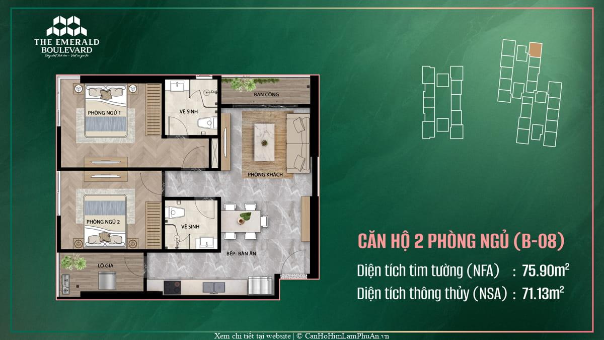 Bản thiết kế căn hộ 2 phòng ngủ mã B-08 thuộc dự án The Emerald Boulevard, thể hiện phương án kiến trúc cho đơn vị này