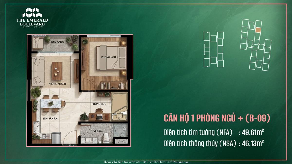 Bản thiết kế chi tiết căn hộ 1 phòng ngủ Plus mã B-09 thuộc dự án The Emerald Boulevard