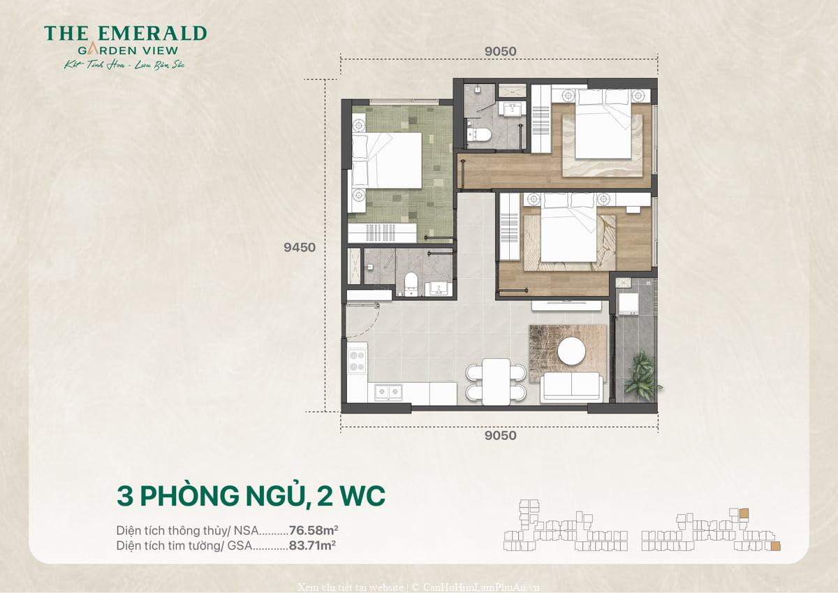 Bản vẽ căn hộ 3 phòng ngủ 2 vệ sinh 83 m2