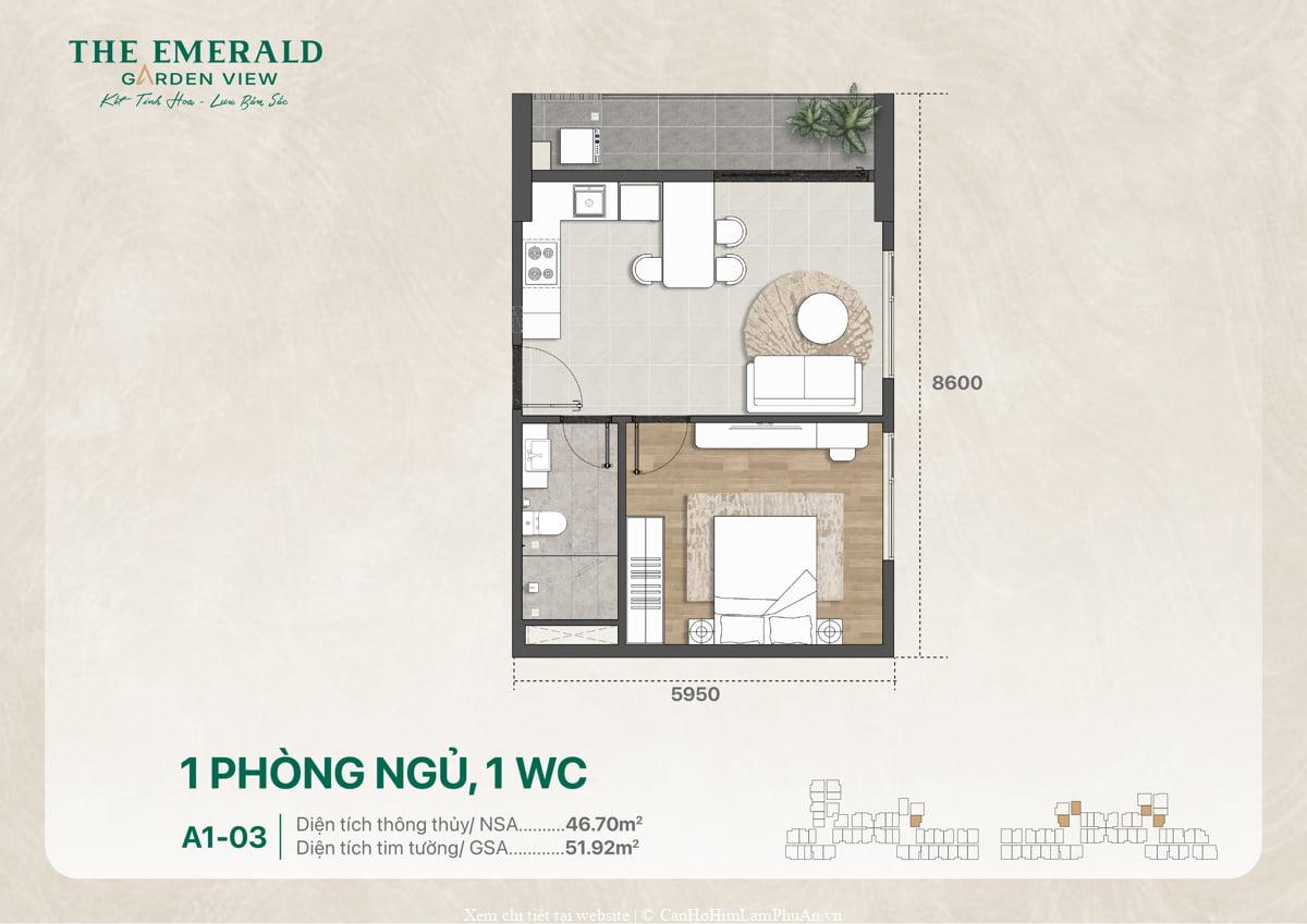 Bản vẽ thiết kế căn hộ 1 phòng ngủ 1 phòng tắm mã A1-03 có diện tích 51 m2
