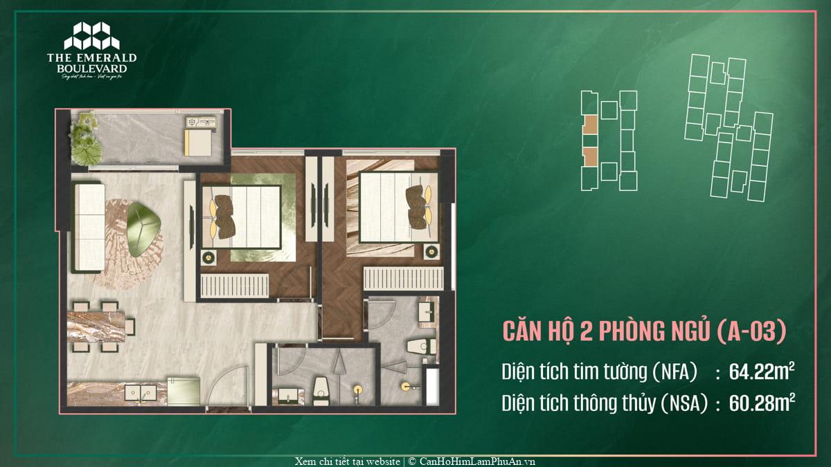 Bản vẽ thiết kế nội thất căn hộ 2 phòng ngủ A-03 thuộc dự án The Emerald Boulevard, bố trí công năng rõ ràng