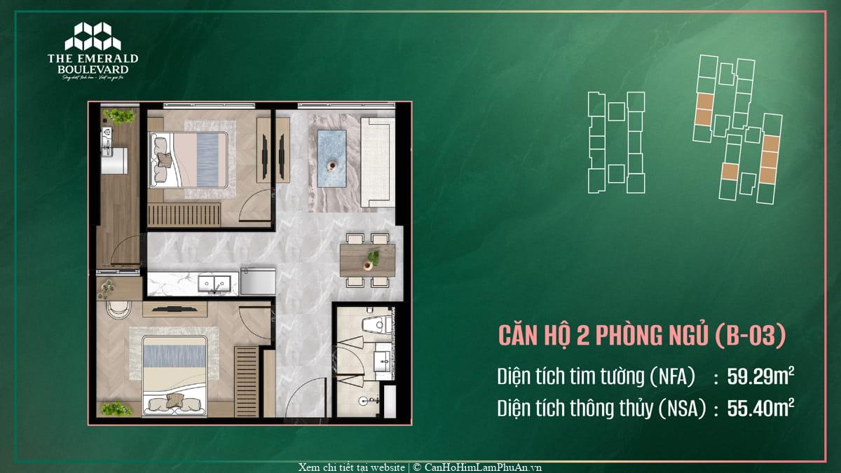 Bố cục thiết kế nội thất căn hộ 2 phòng ngủ B-03 thuộc dự án The Emerald Boulevard