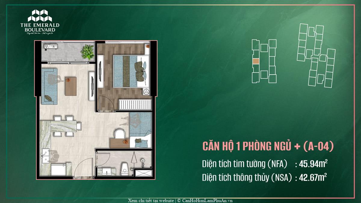 Bố trí nội thất và tổ chức không gian căn hộ 1PN Plus A-04 thuộc The Emerald Boulevard