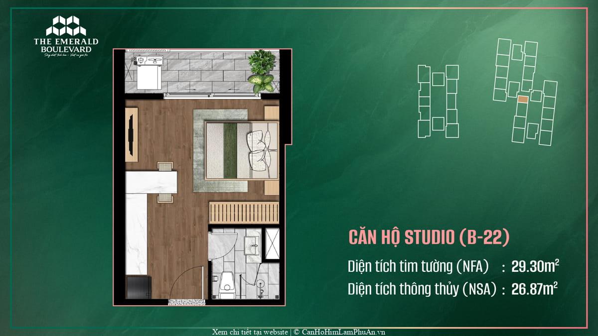 Bố trí thiết kế căn hộ Studio B-22 thuộc dự án The Emerald Boulevard