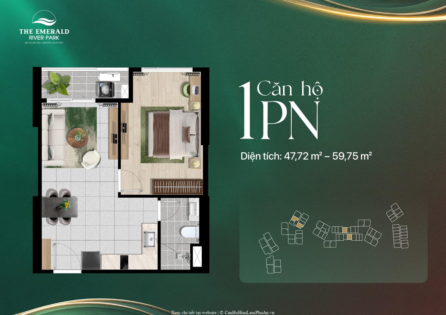 Căn hộ 1PN The Emerald River Park, 47–59 m2