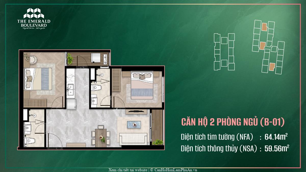 Căn hộ 2PN B-01 được thiết kế tại The Emerald Boulevard