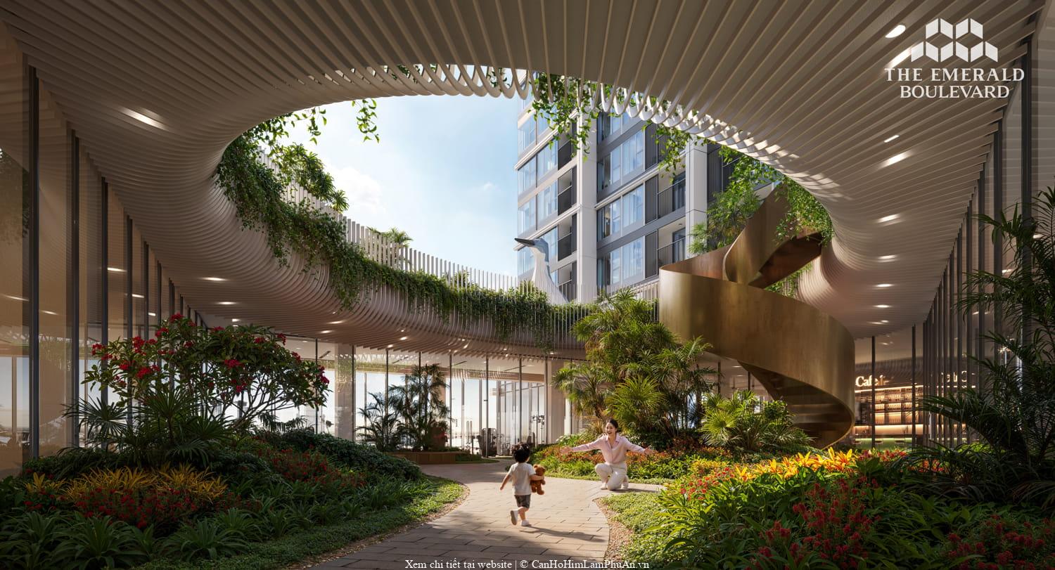 Cầu Xoắn ở tầng 4, đóng vai trò điểm nhấn biểu tượng của dự án The Emerald Boulevard
