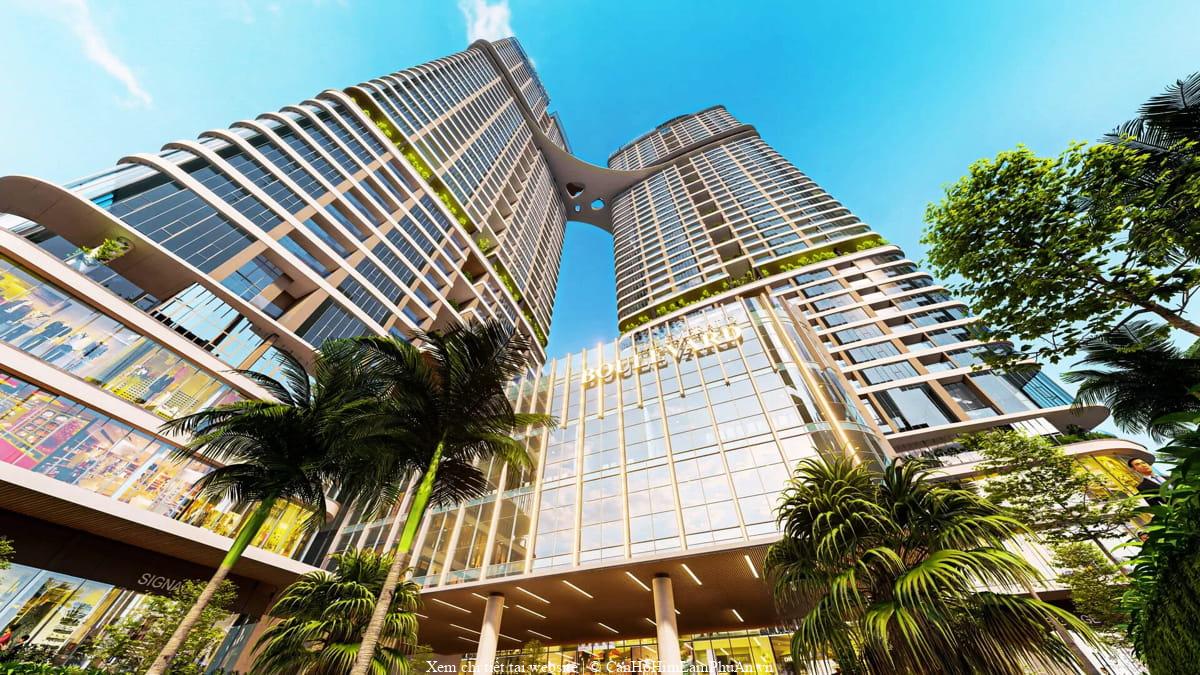 Góc nhìn từ dưới lên tại The Emerald Boulevard, phối cảnh kiến trúc nhấn vào chiều cao công trình và quan hệ không gian dọc trục