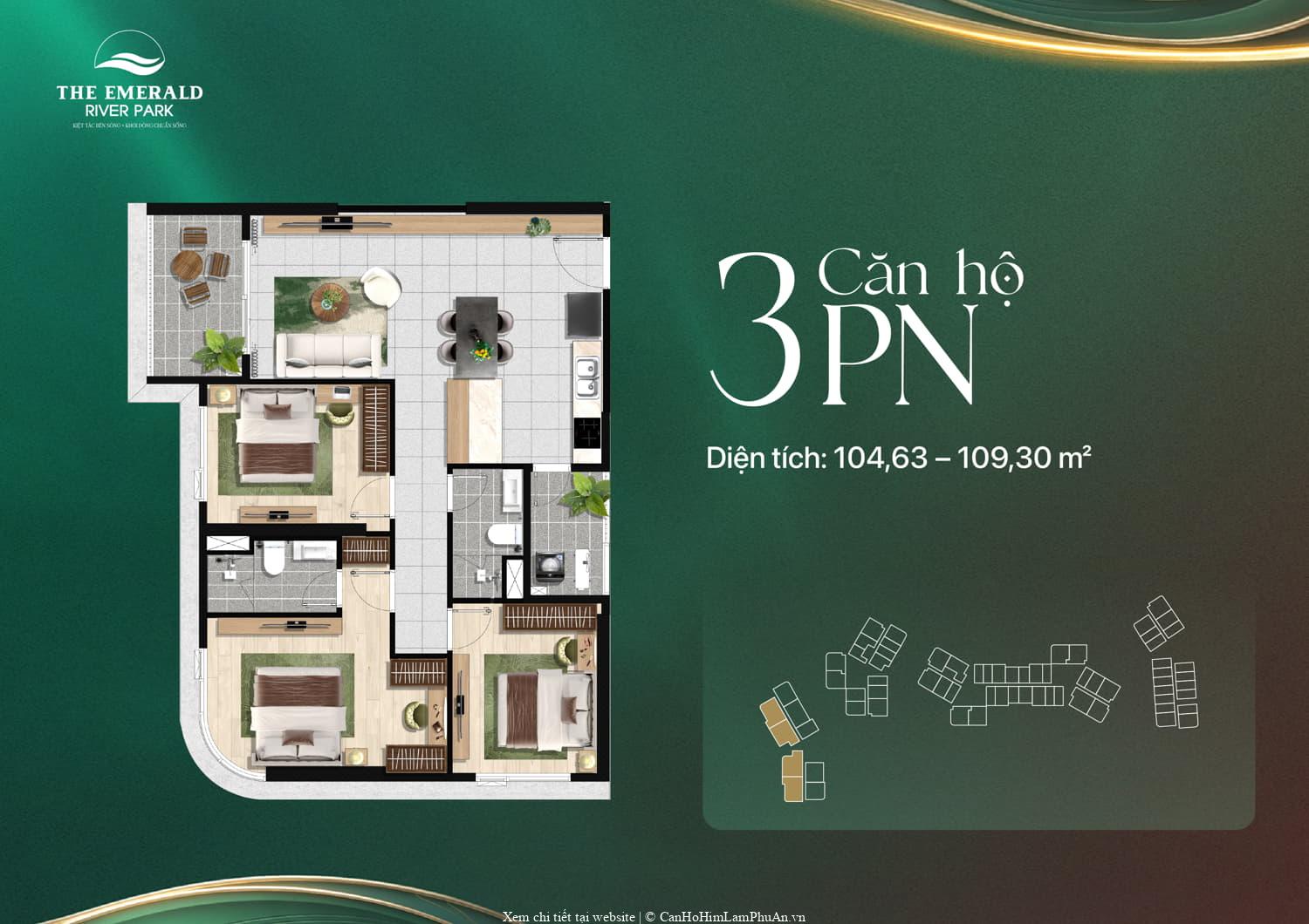 Mặt bằng 3PN The Emerald River Park, diện tích 104–109 m2