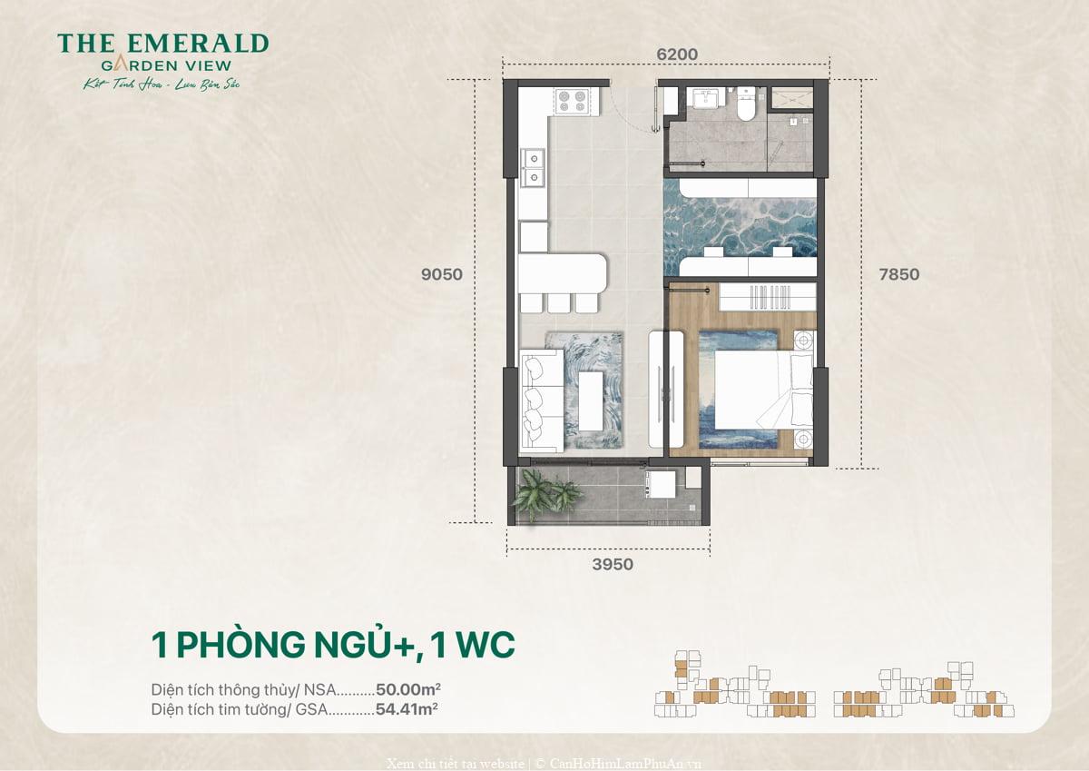Mặt bằng căn hộ 1 phòng ngủ kèm 1 WC, thiết kế diện tích sử dụng 54 m2, bố trí không gian hợp lý
