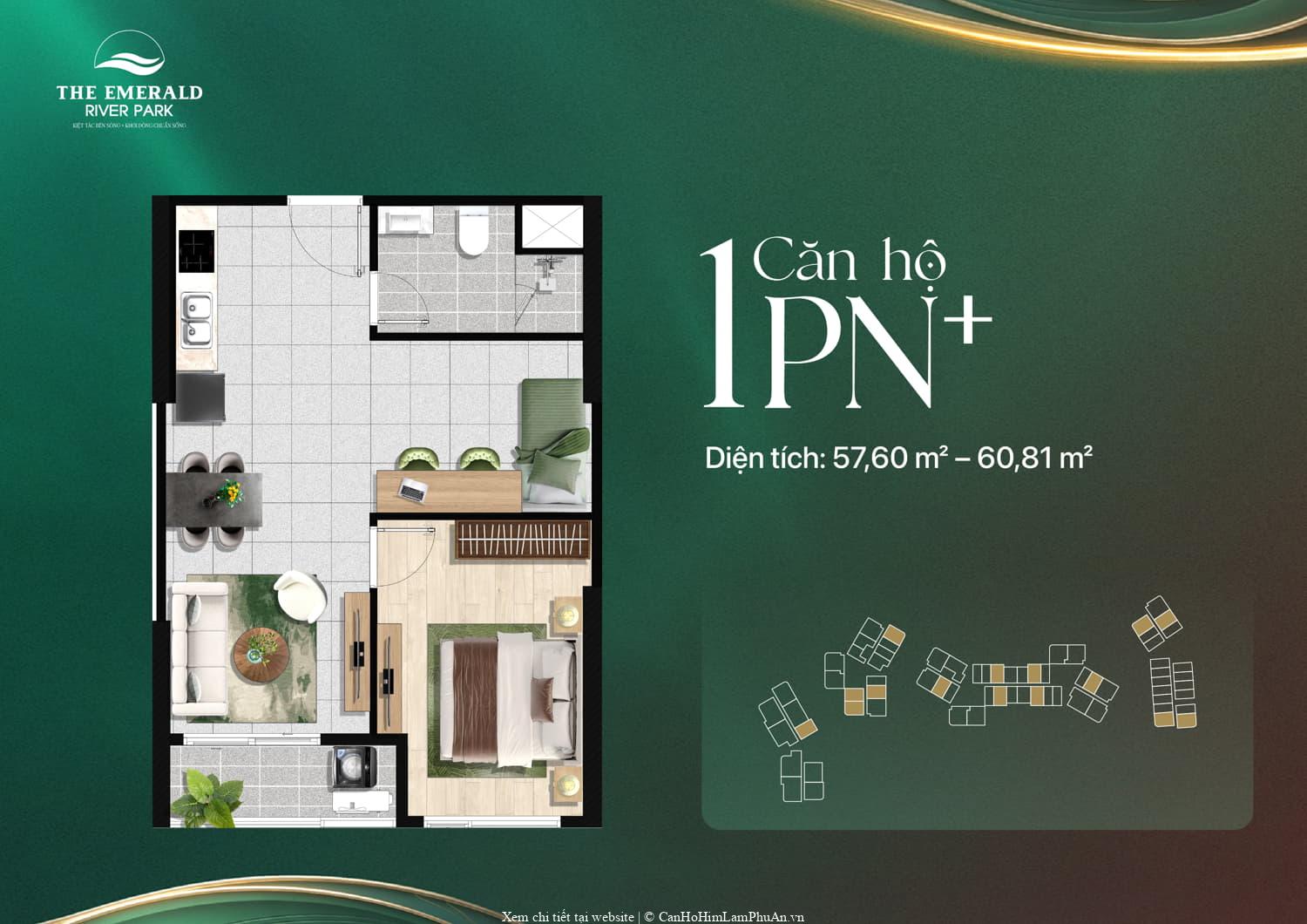Mặt bằng căn hộ 1PN+1 tại The Emerald River Park, diện tích 57–60 m2