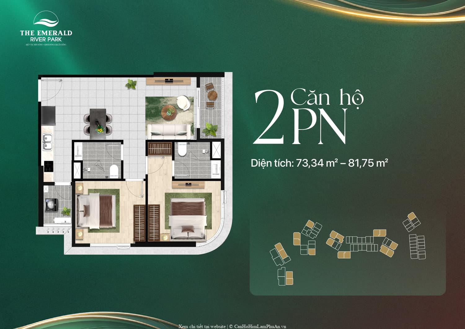 Mặt bằng căn hộ 2 phòng ngủ The Emerald River Park với diện tích linh hoạt 73 m2 đến 81 m2, thiết kế khoa học
