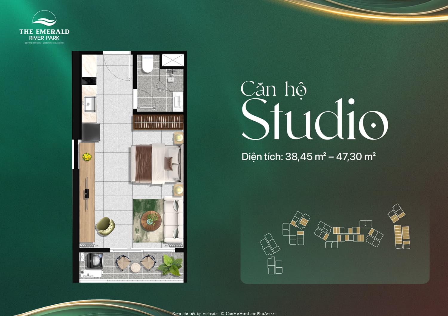Mặt bằng căn hộ Studio The Emerald River Park, thiết kế cho diện tích từ 38 m2 đến 47 m2