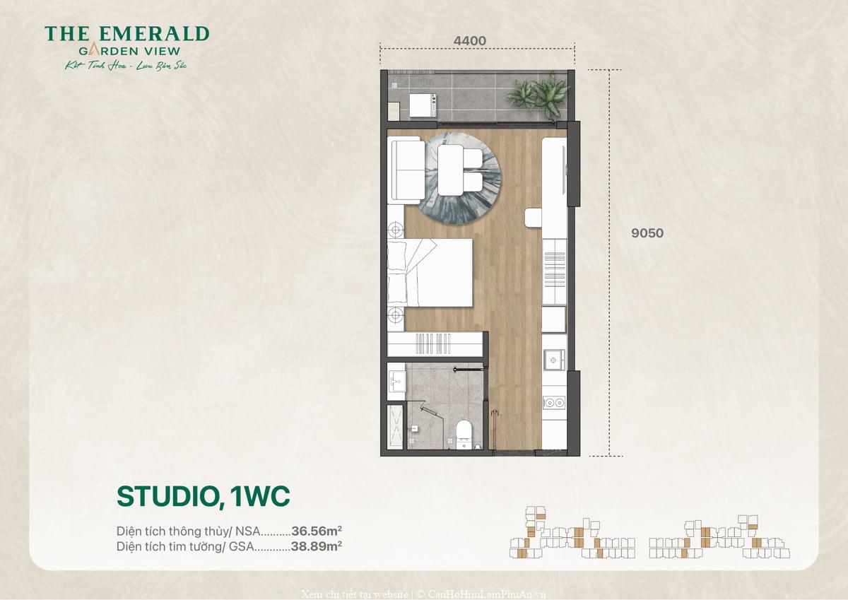 Mặt bằng căn studio diện tích 38 m2, bố trí 1 phòng vệ sinh
