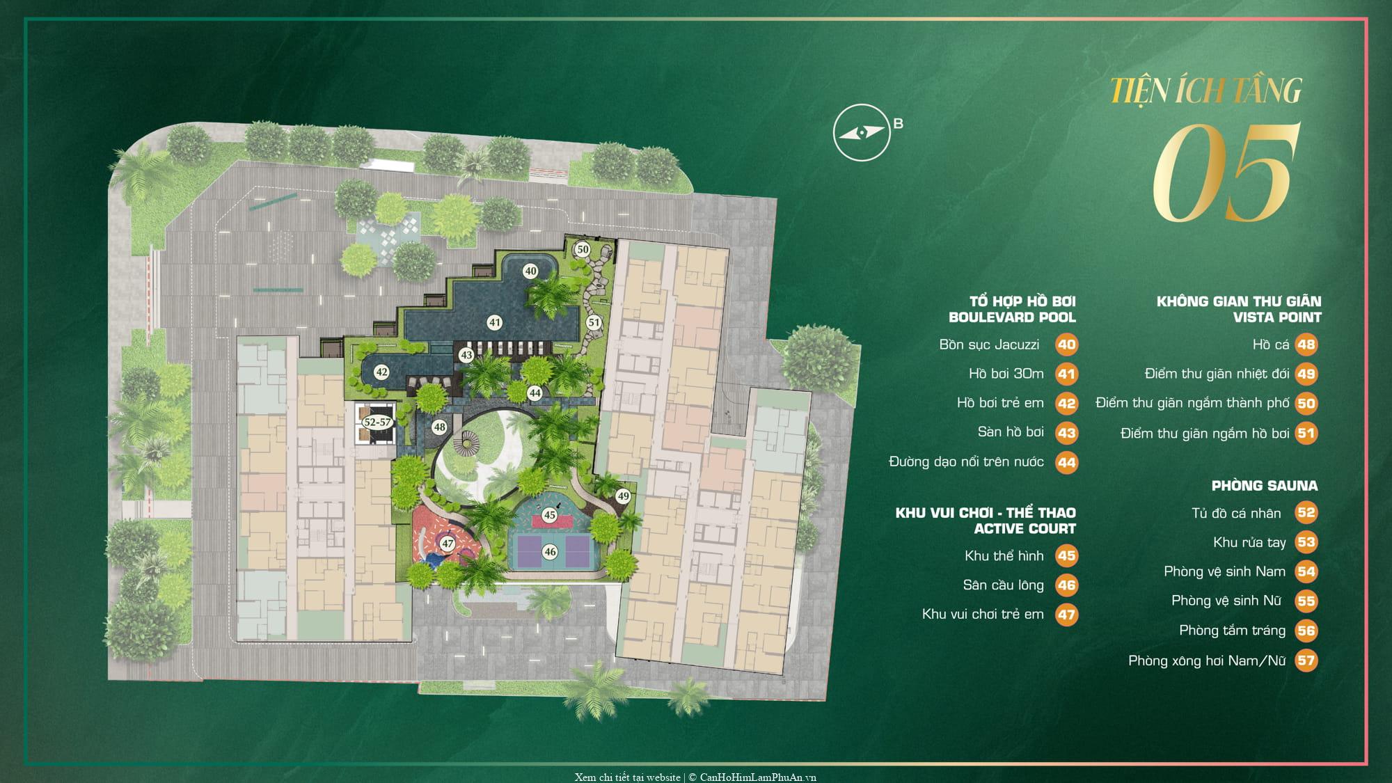 Mặt bằng chi tiết vị trí bố trí tiện ích tầng 5 dự án The Emerald Boulevard, kèm ký hiệu chức năng từng khu vực