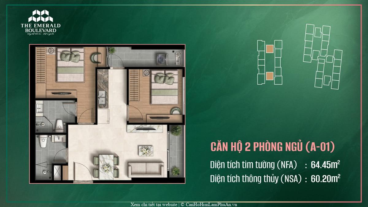 Mặt bằng thiết kế căn hộ 2 phòng ngủ loại A-01 tại The Emerald Boulevard