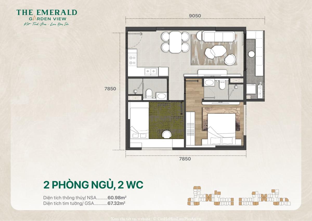 Mặt bằng thiết kế căn hộ 2PN 2WC với diện tích sử dụng 67 m2 chi tiết
