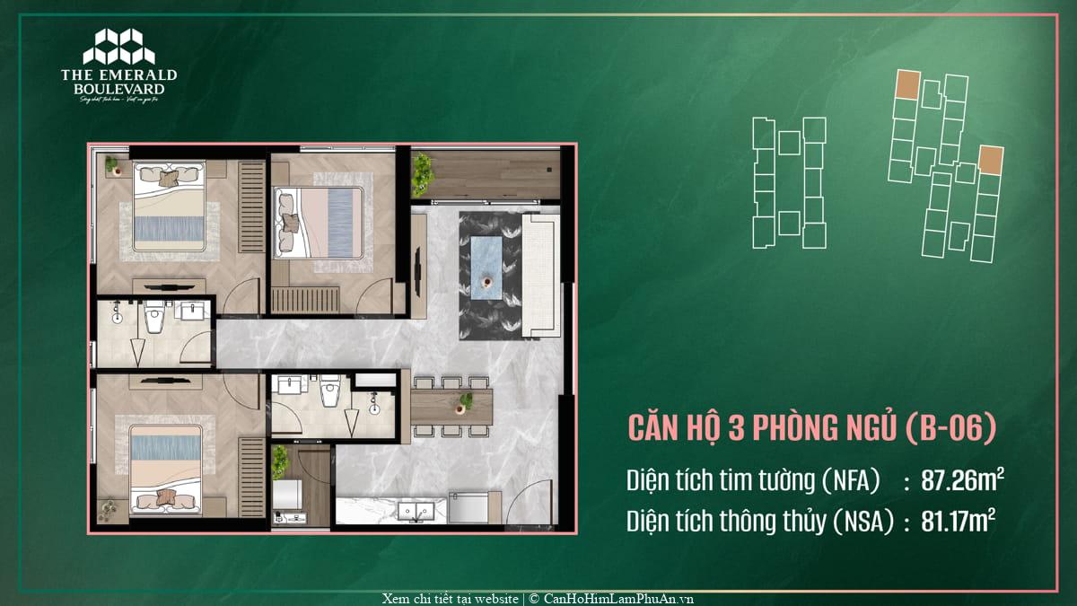 Mặt bằng thiết kế căn hộ 3PN B-06 The Emerald Boulevard