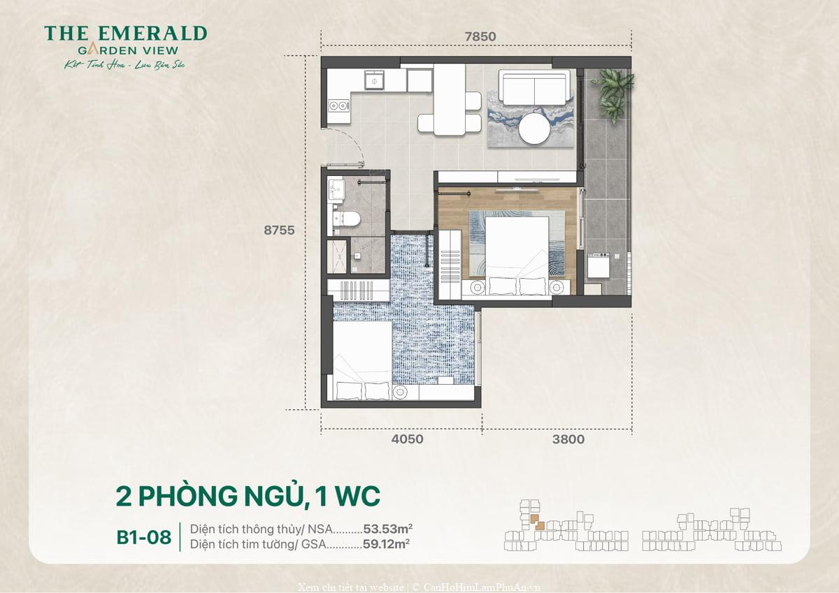 Mặt bằng thiết kế căn hộ hai phòng ngủ và một vệ sinh B1-08 có diện tích 59 mét vuông