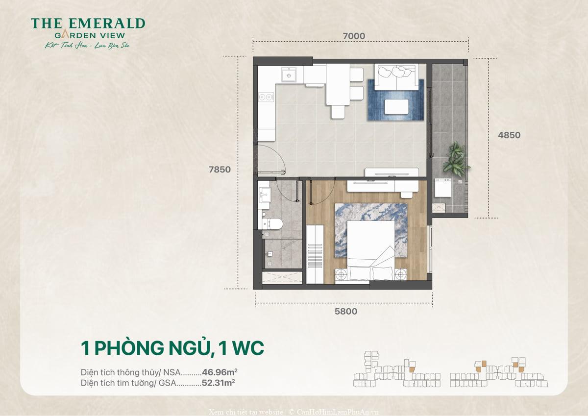 Mặt bằng thiết kế căn hộ một phòng ngủ, một WC, diện tích 52 m2