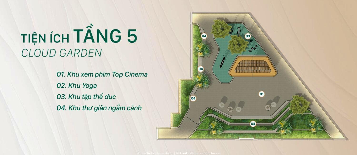 Mặt bằng tiện ích tầng5 The Emerald Garden View gồm rạp chiếu phim, phòng yoga, phòng tập thể dục và khu thư giãn ngắm cảnh
