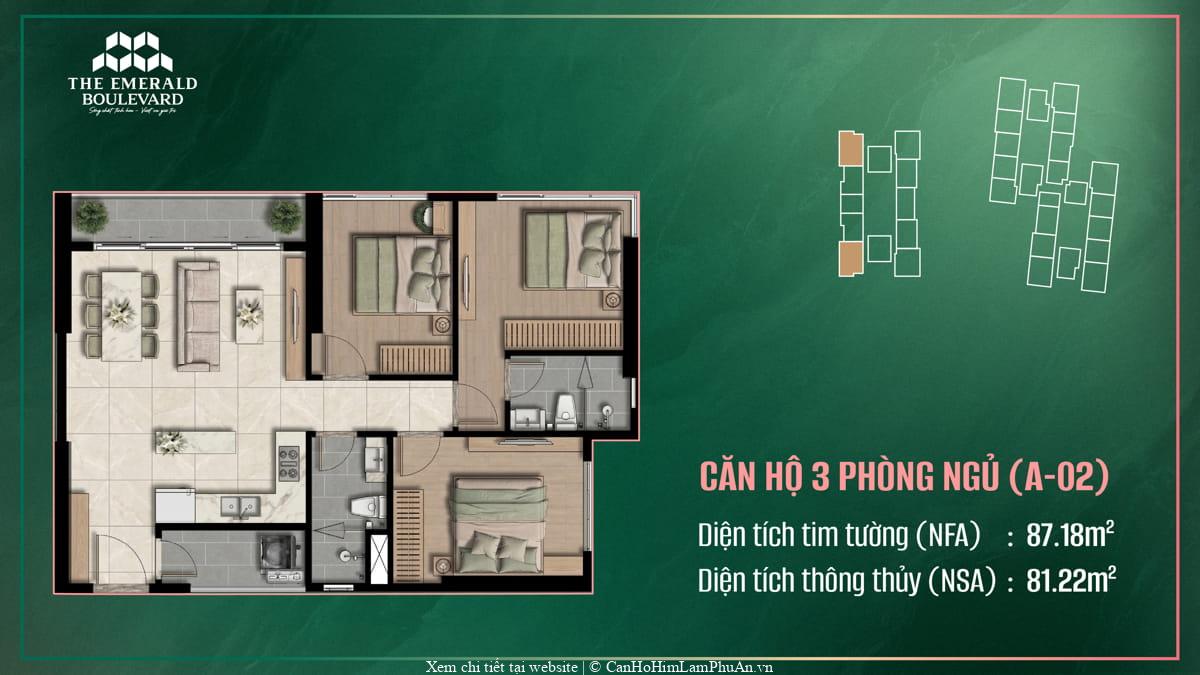 Mẫu thiết kế căn hộ ba phòng ngủ mã A-02 thuộc dự án The Emerald Boulevard, bản vẽ tham khảo