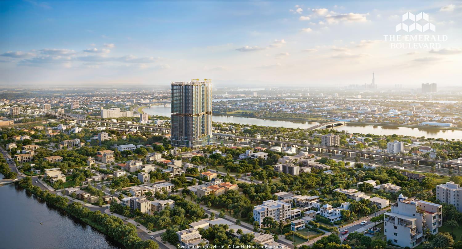 Phối cảnh The Emerald Boulevard thể hiện tòa nhà có bốn mặt tiếp giáp sông với tầm nhìn quanh