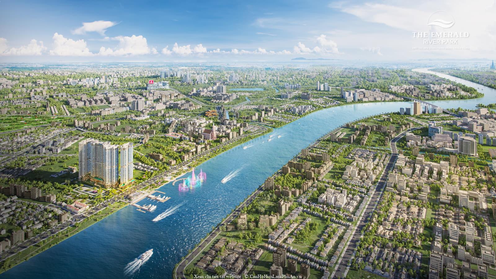 Phối cảnh The Emerald River Park nhìn từ trên cao phía bên kia sông
