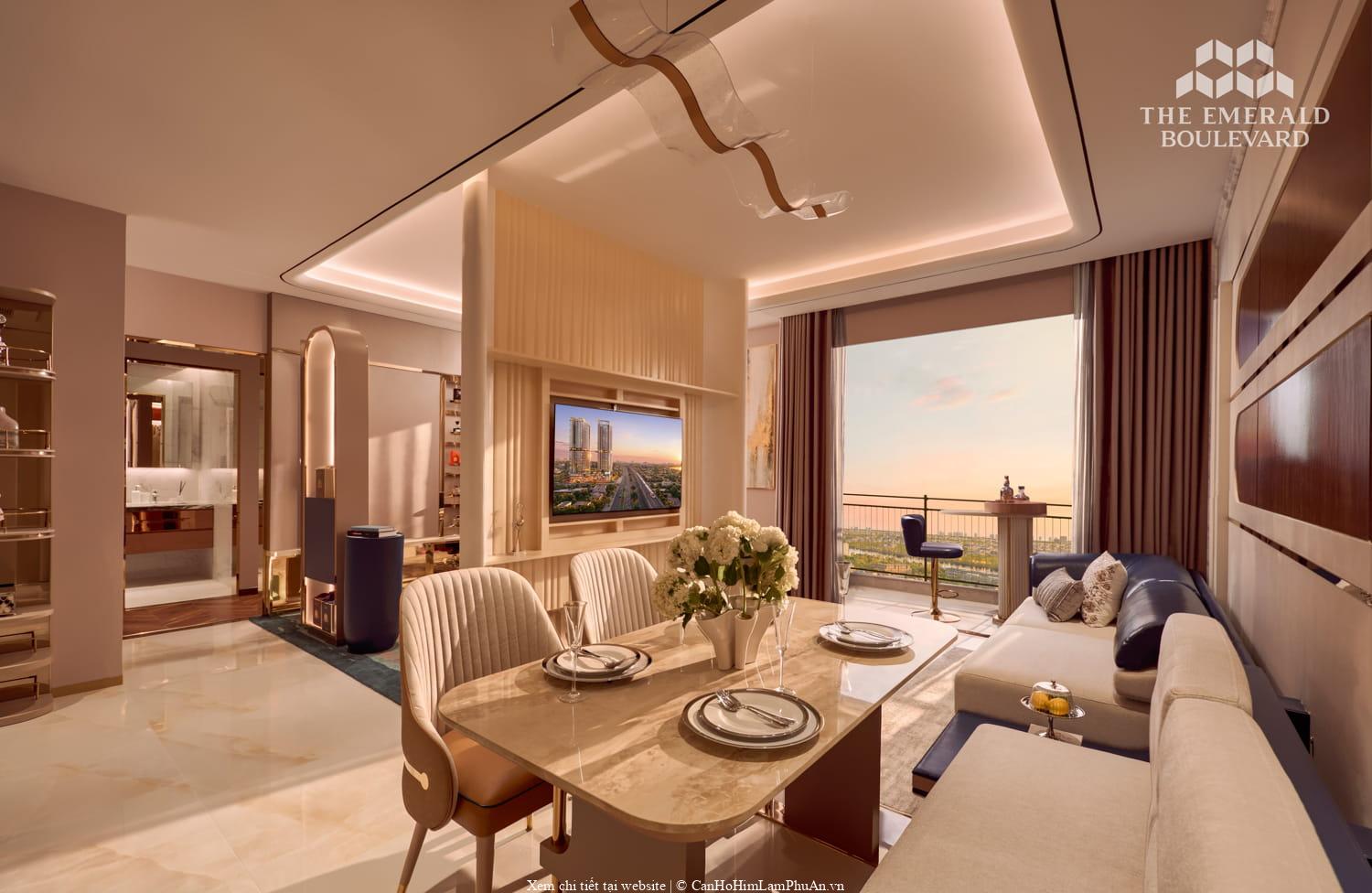 Phòng khách căn hộ mẫu 2PN The Emerald Boulevard với nội thất hiện đại và ánh sáng tự nhiên
