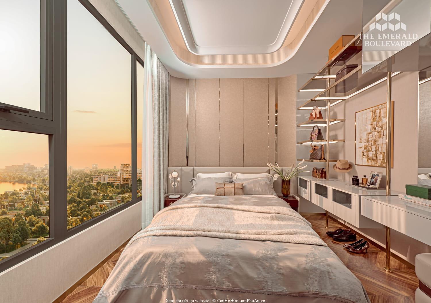 Phòng ngủ căn hộ mẫu 3PN The Emerald Boulevard, nội thất gọn gàng, tiện nghi