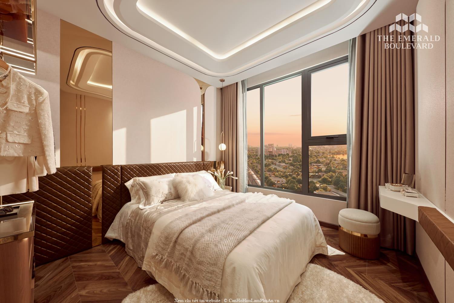 Phòng ngủ trong căn hộ mẫu hai phòng ngủ thuộc dự án The Emerald Boulevard, trình bày theo mẫu