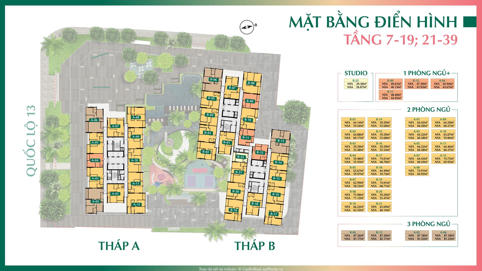 Sơ đồ bố trí các tầng điển hình The Emerald Boulevard từ tầng 7–19 và 21–39