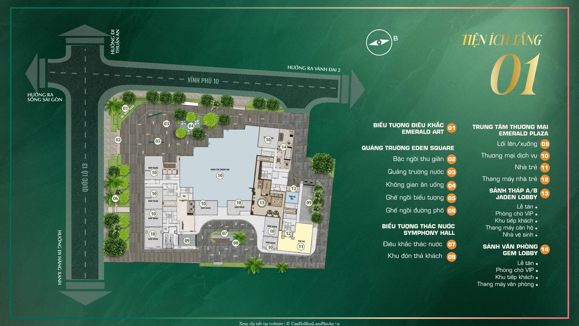 Sơ đồ chi tiết bố trí các tiện ích trên tầng 1 của The Emerald Boulevard, hiển thị vị trí từng khu vực