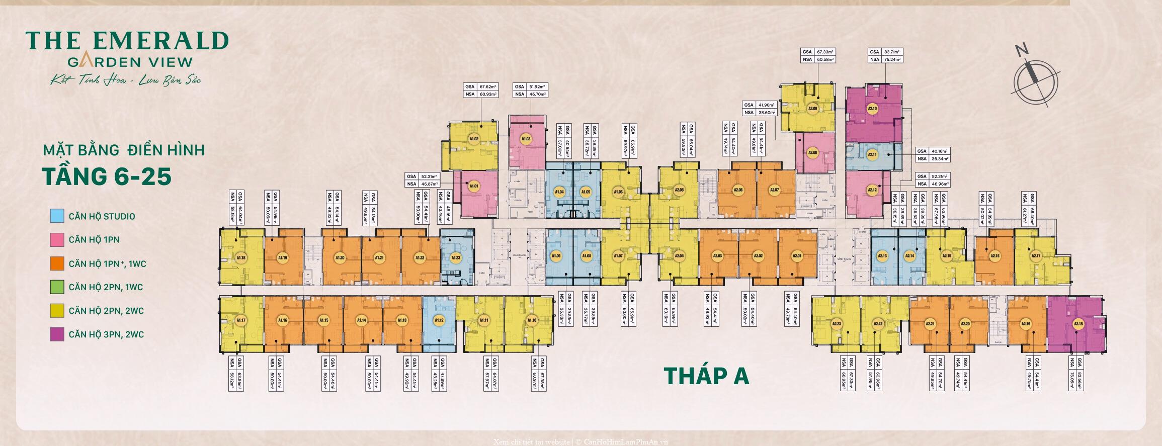 Tháp A The Emerald Garden View tầng 6–25 vị trí mã diện tích căn