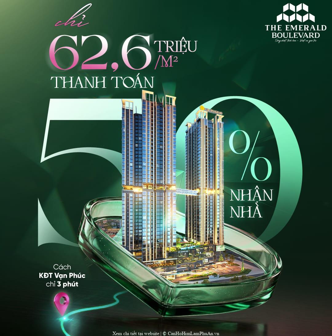 The Emerald Boulevard có giá bán từ 62,6 triệu đồng trên mỗi m2, áp dụng phương thức thanh toán 50% cho tới khi nhận nhà