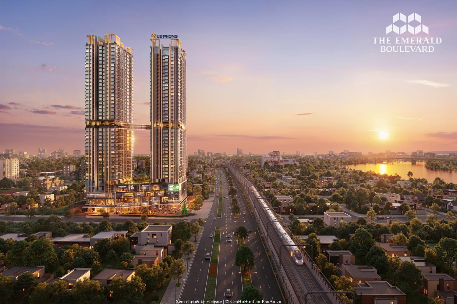 The Emerald Boulevard lúc hoàng hôn nhìn về Quốc lộ 13, tuyến Metro và sông
