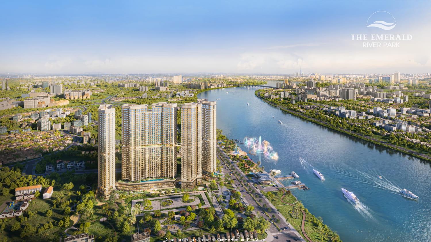 The Emerald River Park bên sông lớn, có quảng trường nhạc nước trung tâm và bến du thuyền, tạo không gian công cộng ven sông