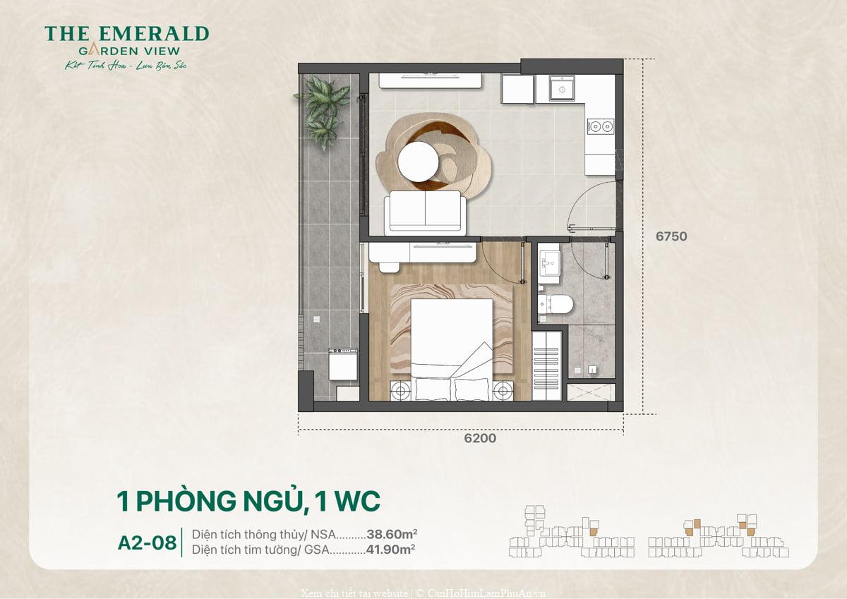 Thiết kế căn 1PN 1WC A2-08 diện tích 41 m2