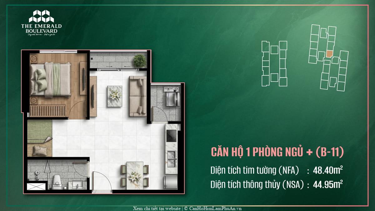 Thiết kế căn hộ 1PN Plus B-11 tại The Emerald Boulevard, bố trí nội thất và không gian sử dụng