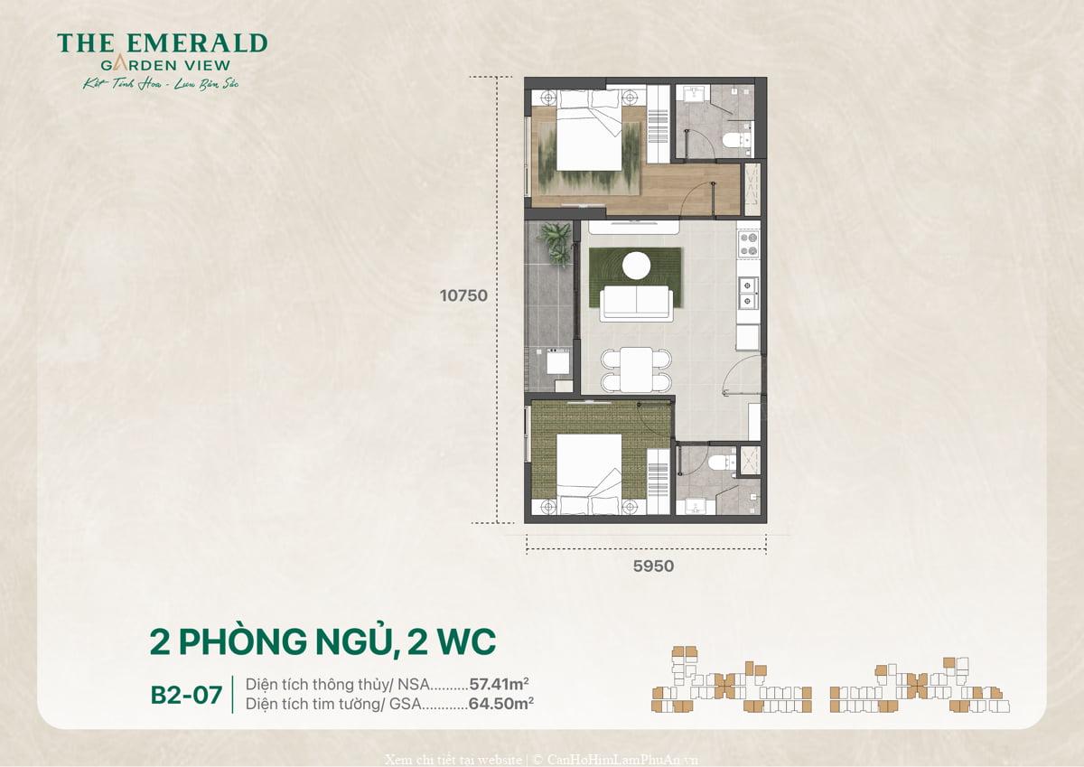 Thiết kế căn hộ 2 phòng ngủ 2 WC mã B2-07 diện tích 64 m2 bố trí công năng