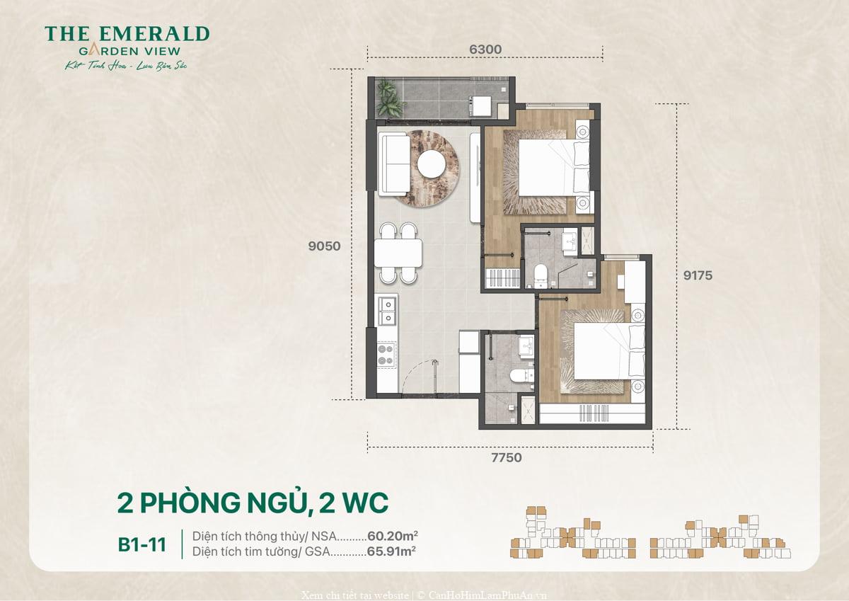 Thiết kế căn hộ 2 phòng ngủ 2 vệ sinh B1-11 65 m2