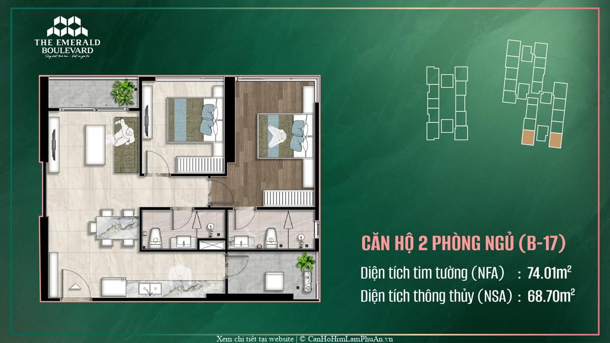Thiết kế căn hộ 2 phòng ngủ B-17 tại The Emerald Boulevard, bố trí không gian và tỉ lệ nhằm tối ưu hóa sử dụng