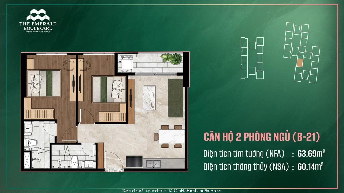 Thiết kế căn hộ 2 phòng ngủ B-21 The Emerald Boulevard, phân chia không gian và nội thất theo công năng hợp lý